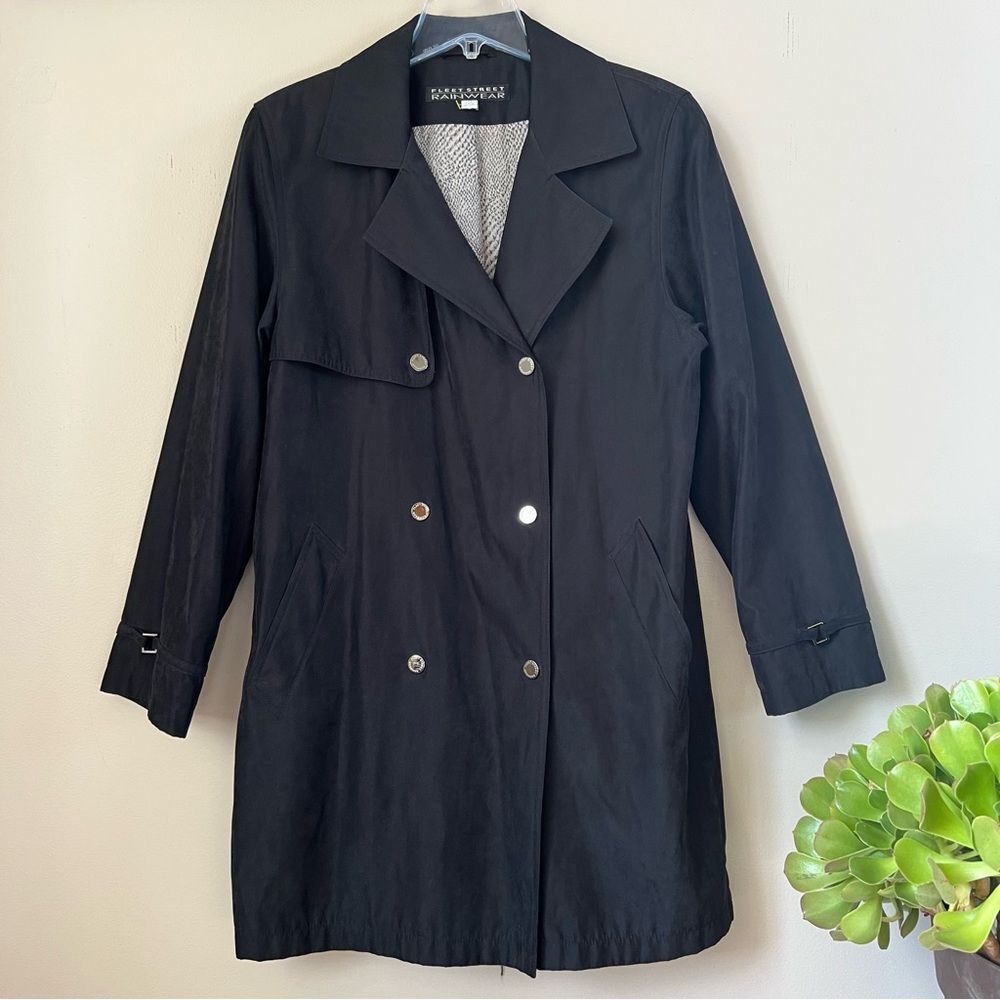 Fleet Street Rainwear Classic Microsuede Snap Black Trench Coat Jacket SZ L